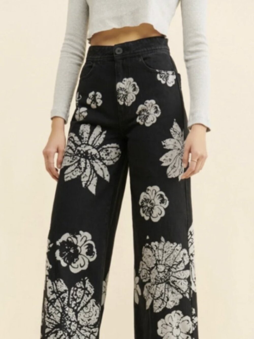 We The Free Free People Talia Wide Leg High Rise Floral Print Black Jeans Sz 32 - Picture 3 of 11